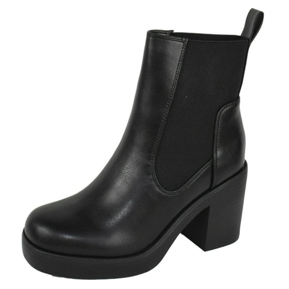 Soda Women Chunky Thick High Heels Ankle Boots Hidden Platform Elastic Sides Booties DIGITAL-H Black PU 9