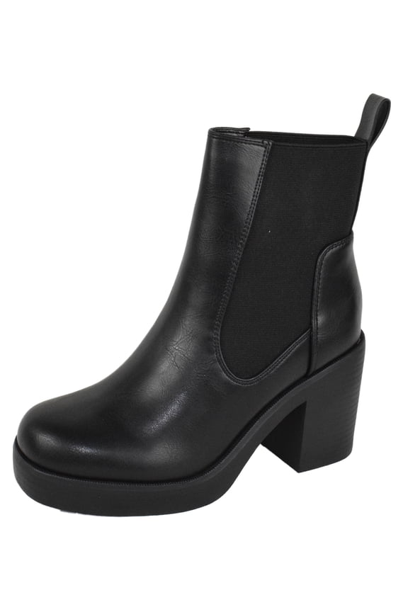 Women Chunky Thick High Heels Ankle Boots Hidden Platform Elastic Sides Booties DIGITAL-H Black PU 9
