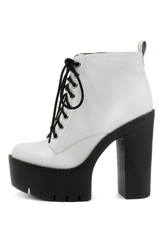 Women Chunky Thick High Heels Ankle Boots Hidden Platform Lace Up Side Zipper Booties SETUP-S White 6.5