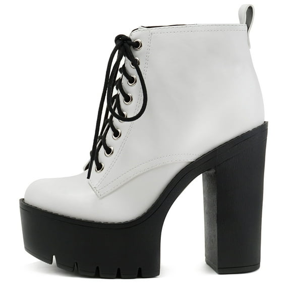 Soda Women Chunky Thick High Heels Ankle Boots Hidden Platform Lace Up Side Zipper Booties SETUP-S White 9