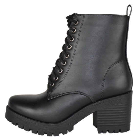 Soda Women Chunky Thick High Heels Combat Lug Sole Ankle Boots Platform Lace Up Booties Side Zipper Fuzzy-S Black Pu Faux Leather 11