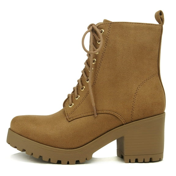 Soda Women Chunky Thick High Heels Combat Lug Sole Ankle Boots Platform Lace Up Booties Side Zipper Fuzzy-S Brown Tan 10