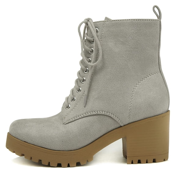Soda Women Chunky Thick High Heels Combat Lug Sole Ankle Boots Platform Lace Up Booties Side Zipper Fuzzy-S Gray 5.5