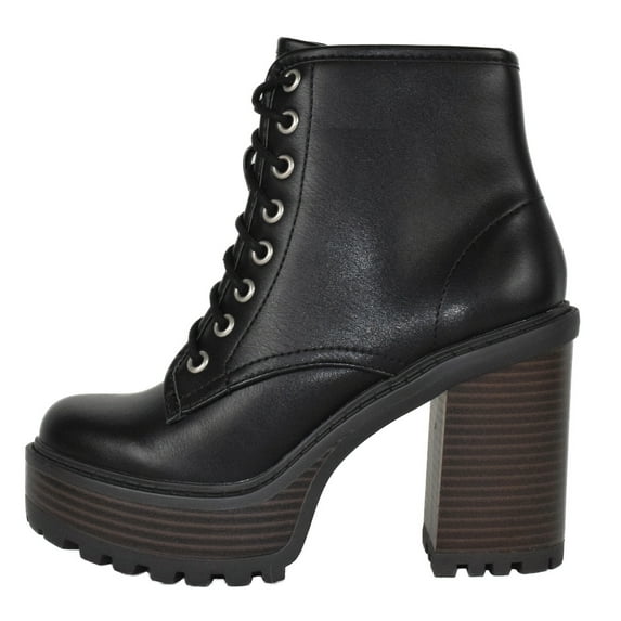 Soda Women Chunky Thick High Heels Combat Lug Sole Ankle Boots Platform Lace Up Booties Side Zipper Volume-S Black / Brown Sole 9