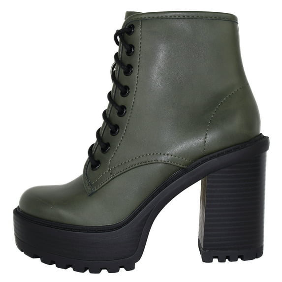 Soda Women Chunky Thick High Heels Combat Lug Sole Ankle Boots Platform Lace Up Booties Side Zipper Volume-S Green Khaki 6