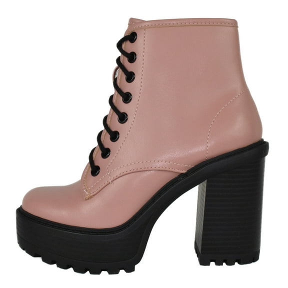 Soda Women Chunky Thick High Heels Combat Lug Sole Ankle Boots Platform Lace Up Booties Side Zipper Volume-S Pink Mauve 11