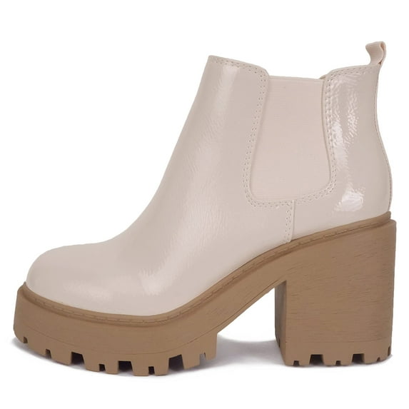 Soda Women Chunky Thick Lug Sole Heels Ankle Boots Hidden Platform Elastic Sides Booties BLISS-S Beige Bone Patent 10