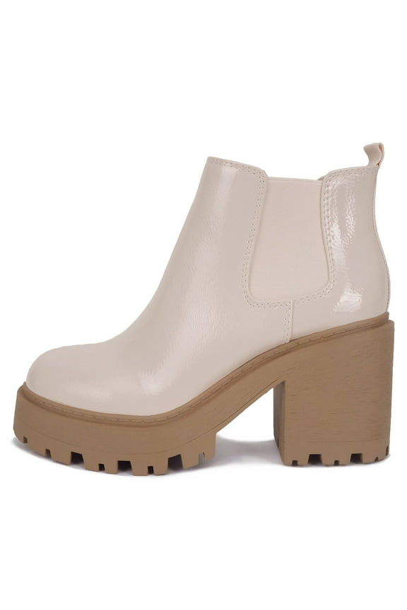 Women Chunky Thick Lug Sole Heels Ankle Boots Hidden Platform Elastic Sides Booties BLISS-S Beige Bone Patent 11