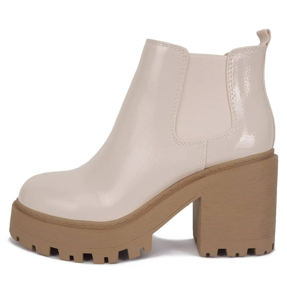 Soda Women Chunky Thick Lug Sole Heels Ankle Boots Hidden Platform Elastic Sides Booties BLISS-S Beige Bone Patent 8.5