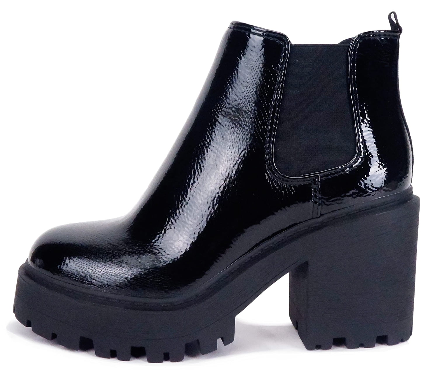 Soda Women Chunky Thick Lug Sole Heels Ankle Boots Hidden Platform Elastic Sides Booties BLISS S Black Patent 10