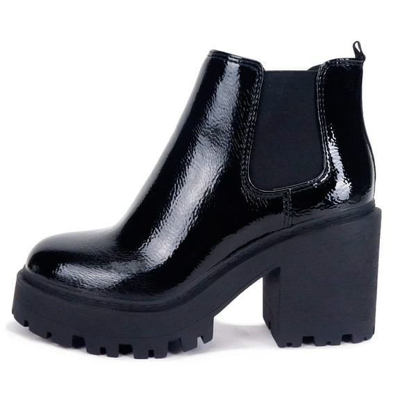 Soda Women Chunky Thick Lug Sole Heels Ankle Boots Hidden Platform Elastic Sides Booties BLISS-S Black Patent 10