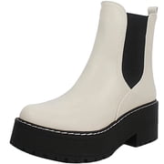 Soda Women Chunky Thick Lug Sole Heels Ankle Chelsea Boots Hidden Platform Elastic Sides Booties YOSSI-S White / Black 10