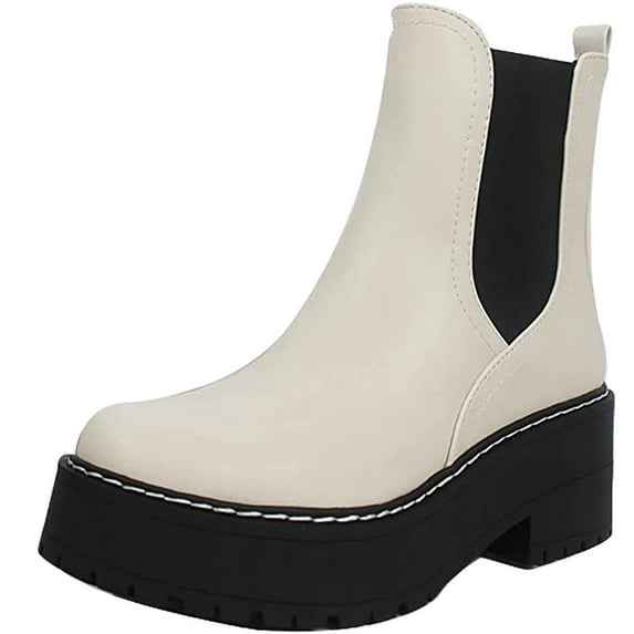 Soda Women Chunky Thick Lug Sole Heels Ankle Chelsea Boots Hidden Platform Elastic Sides Booties YOSSI-S White / Black 5.5