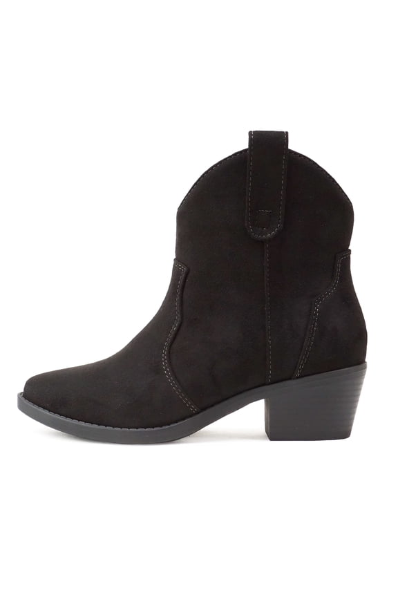 Women Cowboy Western Stitched Ankle Boots Pointed Toe Short Low Block Heel Booties JORIAH-S Black Suede 9