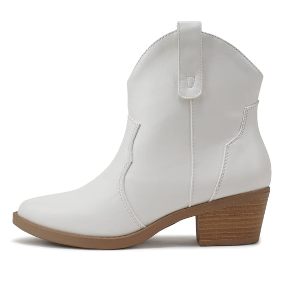 Soda Women Cowboy Western Stitched Ankle Boots Pointed Toe Short Low Block Heel Booties JORIAH-S White 10