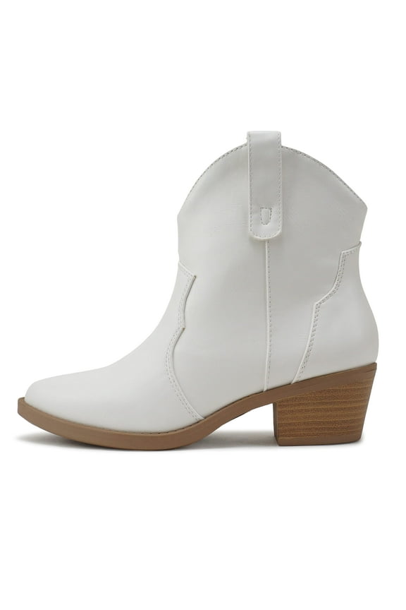 Women Cowboy Western Stitched Ankle Boots Pointed Toe Short Low Block Heel Booties JORIAH-S White 8.5