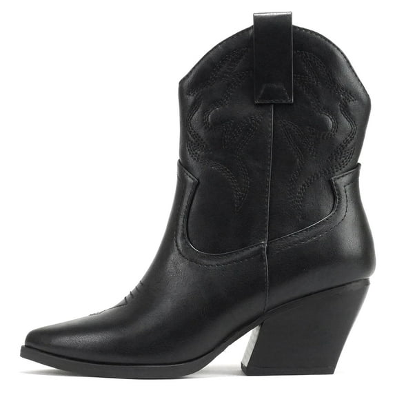 Soda Women Cowgirl Cowboy Western Stitched Ankle Boots Pointed Toe Short Booties High Top Blazing All Black 7