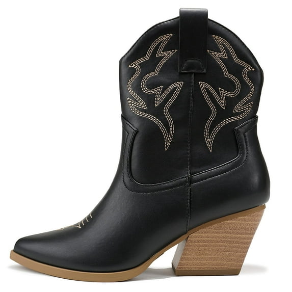 Soda Women Cowgirl Cowboy Western Stitched Ankle Boots Pointed Toe Short Booties High Top Blazing Black 6