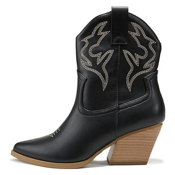 Soda Women Cowgirl Cowboy Western Stitched Ankle Boots Pointed Toe Short Booties High Top Blazing Black 7