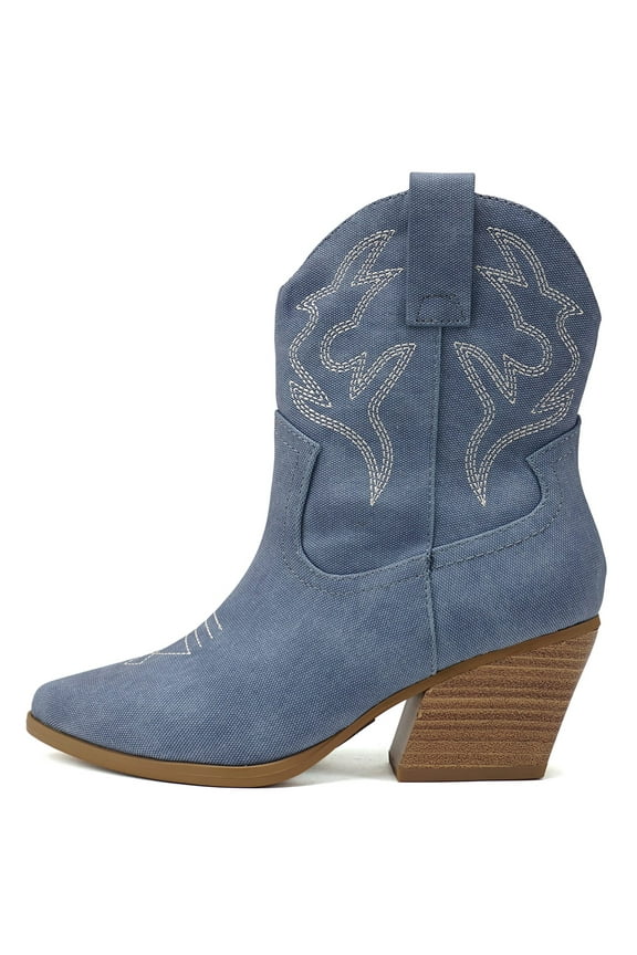 Women Cowgirl Cowboy Western Stitched Ankle Boots Pointed Toe Short Booties High Top Blazing Blue Denim 7.5
