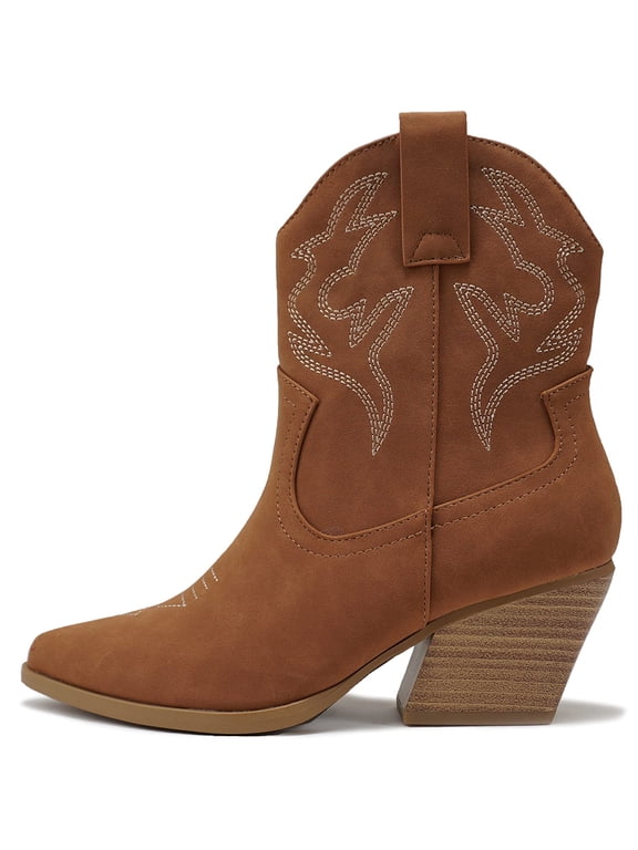 Women Cowgirl Cowboy Western Stitched Ankle Boots Pointed Toe Short Booties High Top Blazing Brown Light Cognac 10