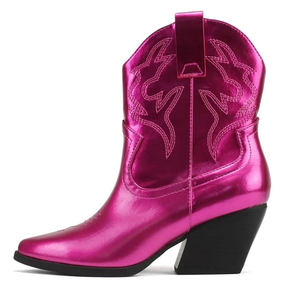 Soda Women Cowgirl Cowboy Western Stitched Ankle Boots Pointed Toe Short Booties High Top Blazing Hot Pink Magenta Metallic 6.5