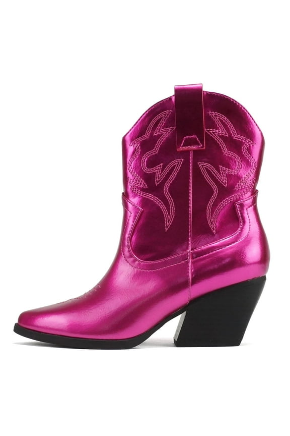 Women Cowgirl Cowboy Western Stitched Ankle Boots Pointed Toe Short Booties High Top Blazing Hot Pink Magenta Metallic 7.5
