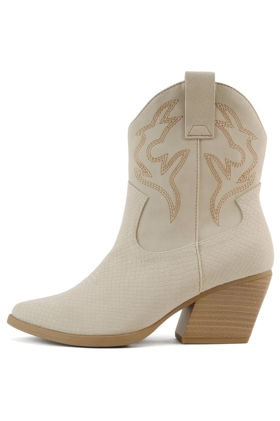 Women Cowgirl Cowboy Western Stitched Ankle Boots Pointed Toe Short Booties High Top Blazing Nude Beige Cobra 10