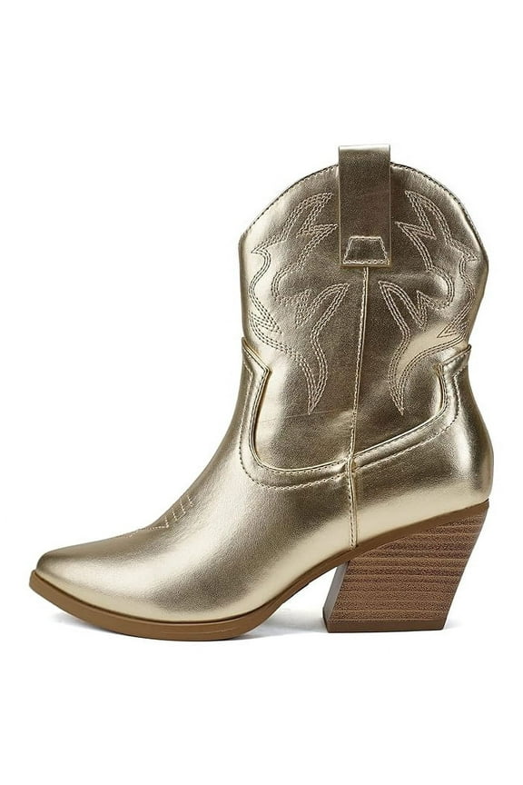 Women Cowgirl Cowboy Western Stitched Ankle Boots Pointed Toe Short Booties High Top Blazing gold 7.5