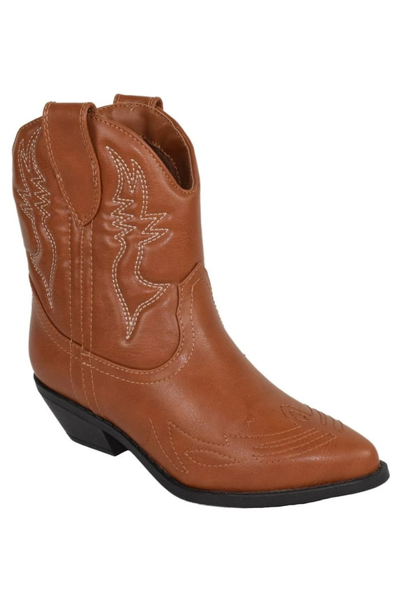 Women Cowgirl Cowboy Western Stitched Ankle Boots Pointed Toe Short Booties RIGGING-S Cognac Tan Brown 7.5