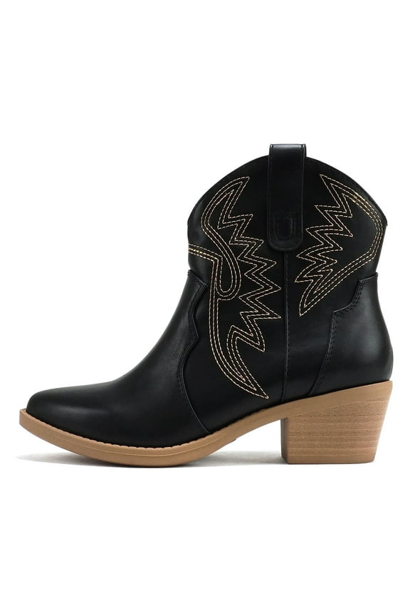 Women Cowgirl Cowboy Western Stitched Ankle Boots Pointy Toe Short Low Stack Booties GESSO-S Black 7