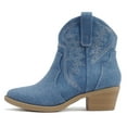 thumbnail image 1 of Soda Women Cowgirl Cowboy Western Stitched Ankle Boots Pointy Toe Short Low Stack Booties GESSO-S Blue Denim 11, 1 of 4