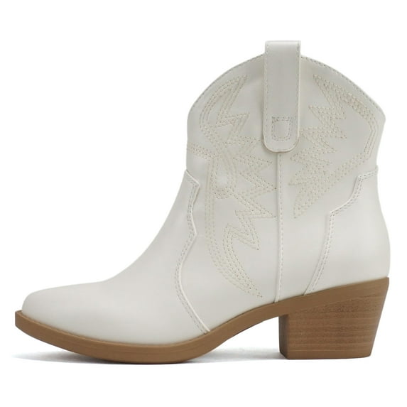 Soda Women Cowgirl Cowboy Western Stitched Ankle Boots Pointy Toe Short Low Stack Booties GESSO-S White 5.5