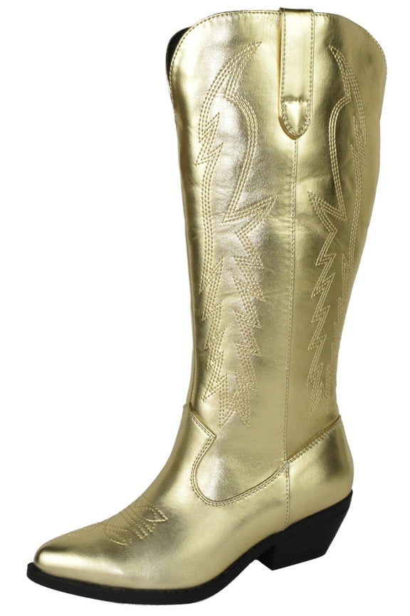 Women Cowgirl Cowboy Western Stitched Boots Pointy Toe Knee High Gold 6