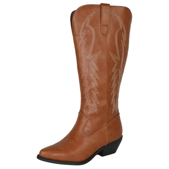 Soda Women Cowgirl Cowboy Western Stitched Boots Pointy Toe Knee High Light Brown Cognac 7