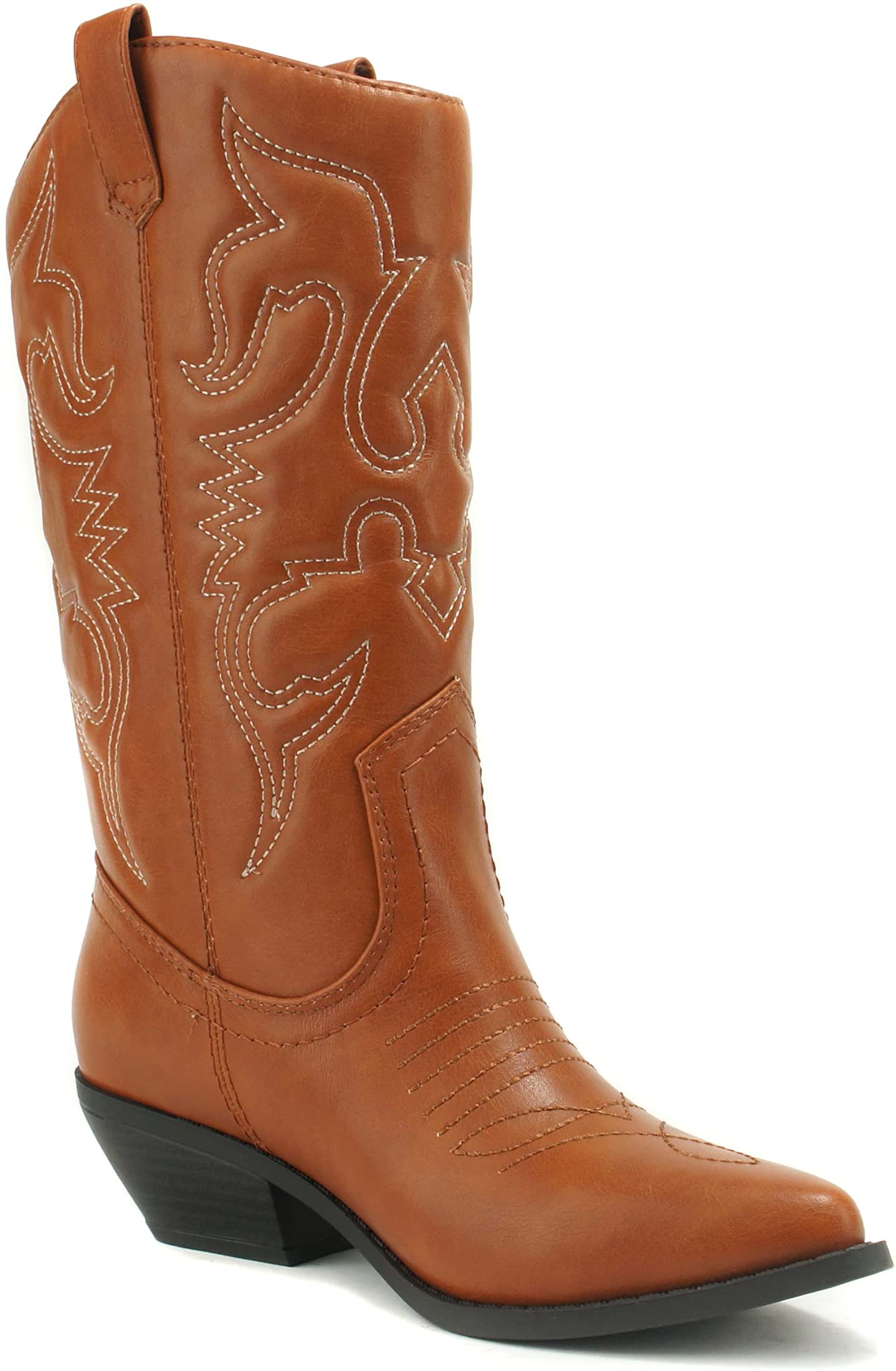 Soda Women Cowgirl Cowboy Western Stitched Boots Pointy Toe Knee High Reno-S Cognac Tan Light Brown 7.5 - image 1 of 4