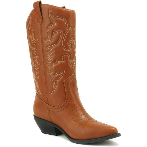 Soda Women Cowgirl Cowboy Western Stitched Boots Pointy Toe Knee High Reno-S Cognac Tan Light Brown 7.5