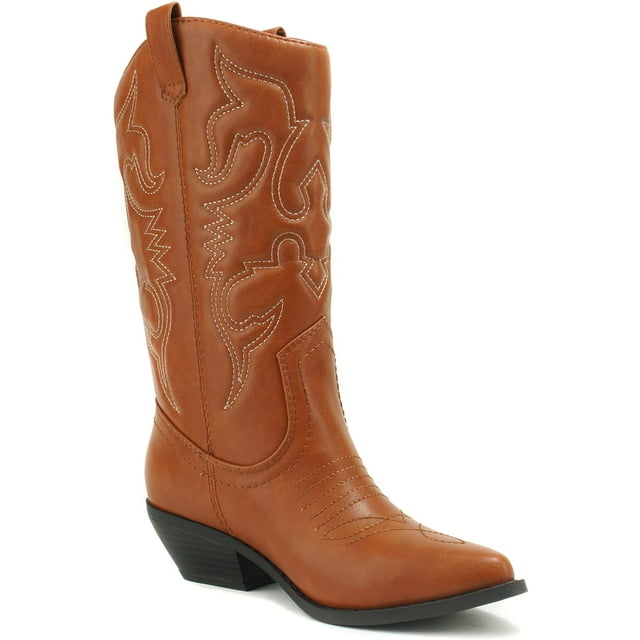 Soda Women Cowgirl Cowboy Western Stitched Boots Pointy Toe Knee High Reno-S Cognac Tan Light Brown 7.5