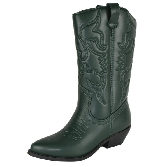 Soda Women Cowgirl Cowboy Western Stitched Boots Pointy Toe Knee High Reno-S Dark Green 11