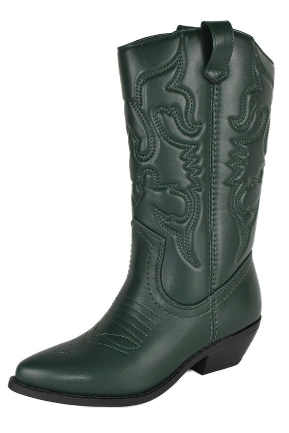Women Cowgirl Cowboy Western Stitched Boots Pointy Toe Knee High Reno-S Dark Green 6