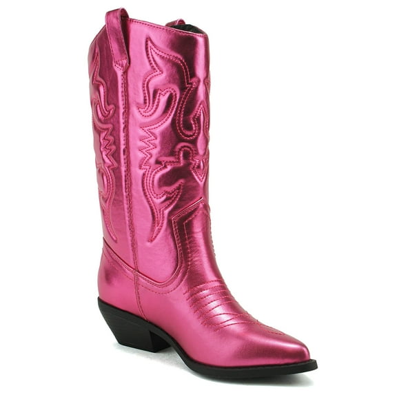 Soda Women Cowgirl Cowboy Western Stitched Boots Pointy Toe Knee High Reno-S Hot PInk Metallic Fuchsia 10