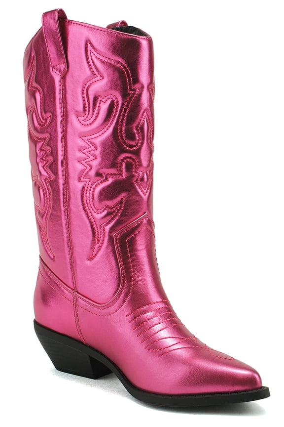 Women Cowgirl Cowboy Western Stitched Boots Pointy Toe Knee High Reno-S Hot PInk Metallic Fuchsia 8.5