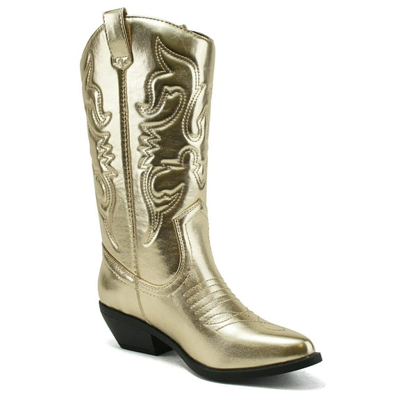 Soda Women Cowgirl Cowboy Western Stitched Boots Pointy Toe Knee High Reno-S Metallic gold 7