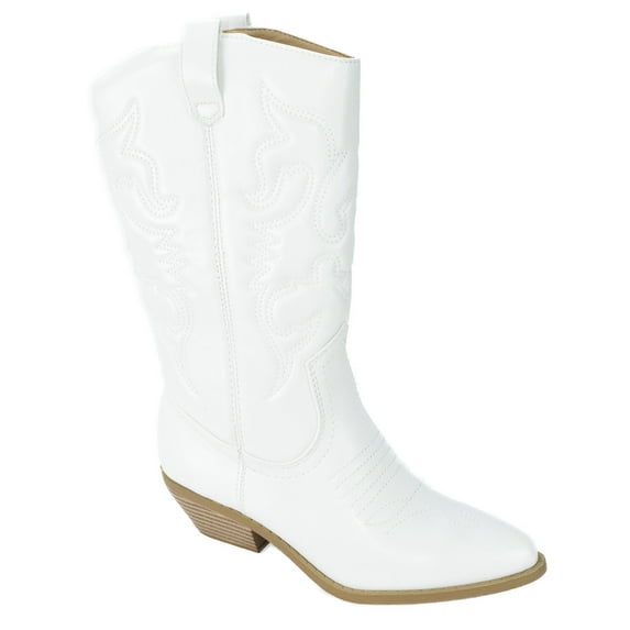 Soda Women Cowgirl Cowboy Western Stitched Boots Pointy Toe Knee High Reno-S White with Beige / Nude Sole 9