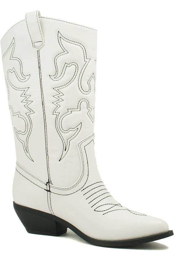 Women Cowgirl Cowboy Western Stitched Boots Pointy Toe Knee High Reno-S White with Black Stitching 6