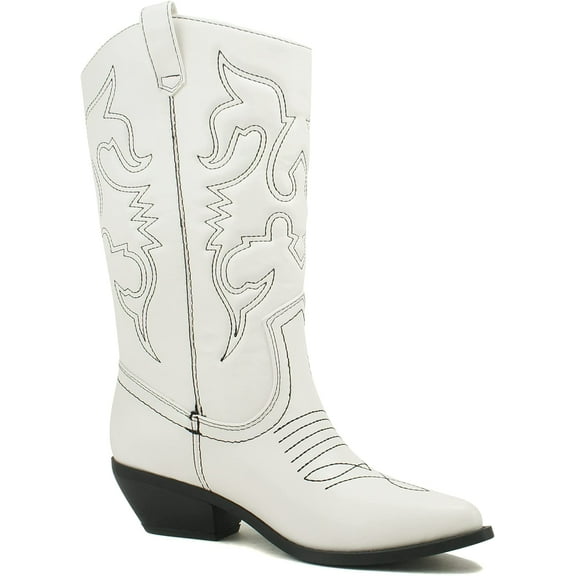 Soda Women Cowgirl Cowboy Western Stitched Boots Pointy Toe Knee High Reno-S White with Black Stitching 7