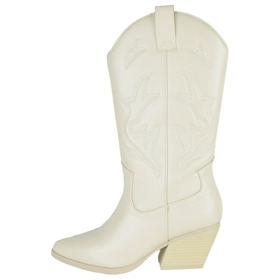 Soda Women Cowgirl Cowboy Western Stitched Heel Boots Pointy Toe Mid Shaft ORVILLE-S Beige Bone 6