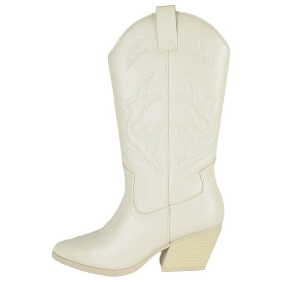 Soda Women Cowgirl Cowboy Western Stitched Heel Boots Pointy Toe Mid Shaft ORVILLE-S Beige Bone 8