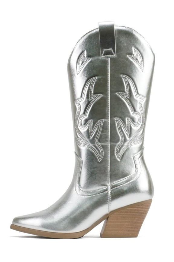 Women Cowgirl Cowboy Western Stitched Heel Boots Pointy Toe Mid Shaft ORVILLE-S Silver 8.5