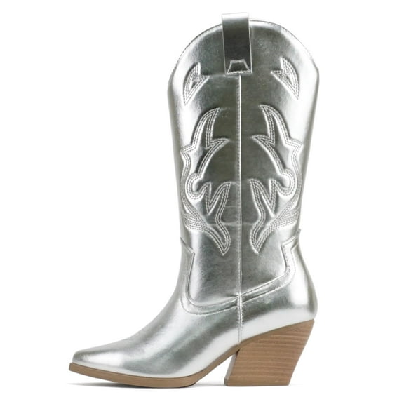 Soda Women Cowgirl Cowboy Western Stitched Heel Boots Pointy Toe Mid Shaft ORVILLE-S Silver 8